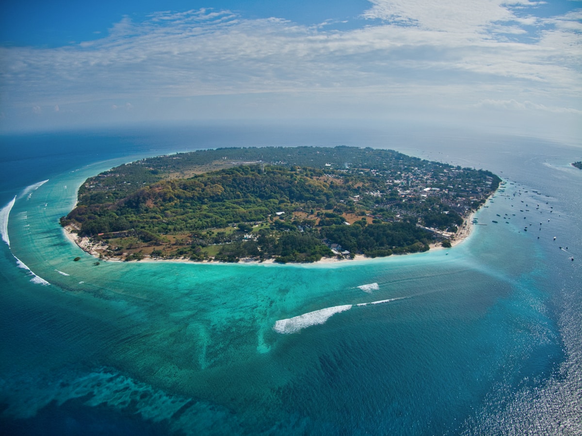 Aerial view of turquoise waters around the Gili Islands near Lombok